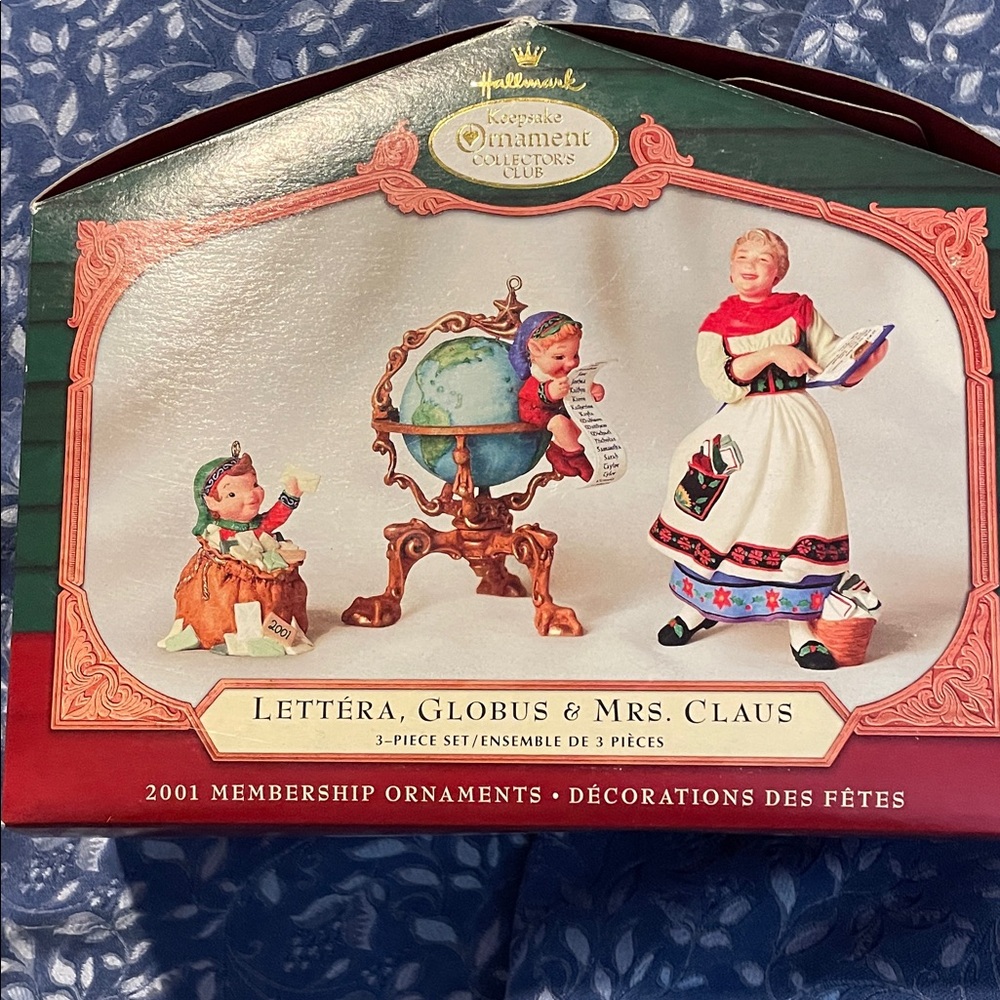 Vintage 2001Hallmark Keepsake Club Ornament Set, "Lettera, Globus & Mrs. Claus".